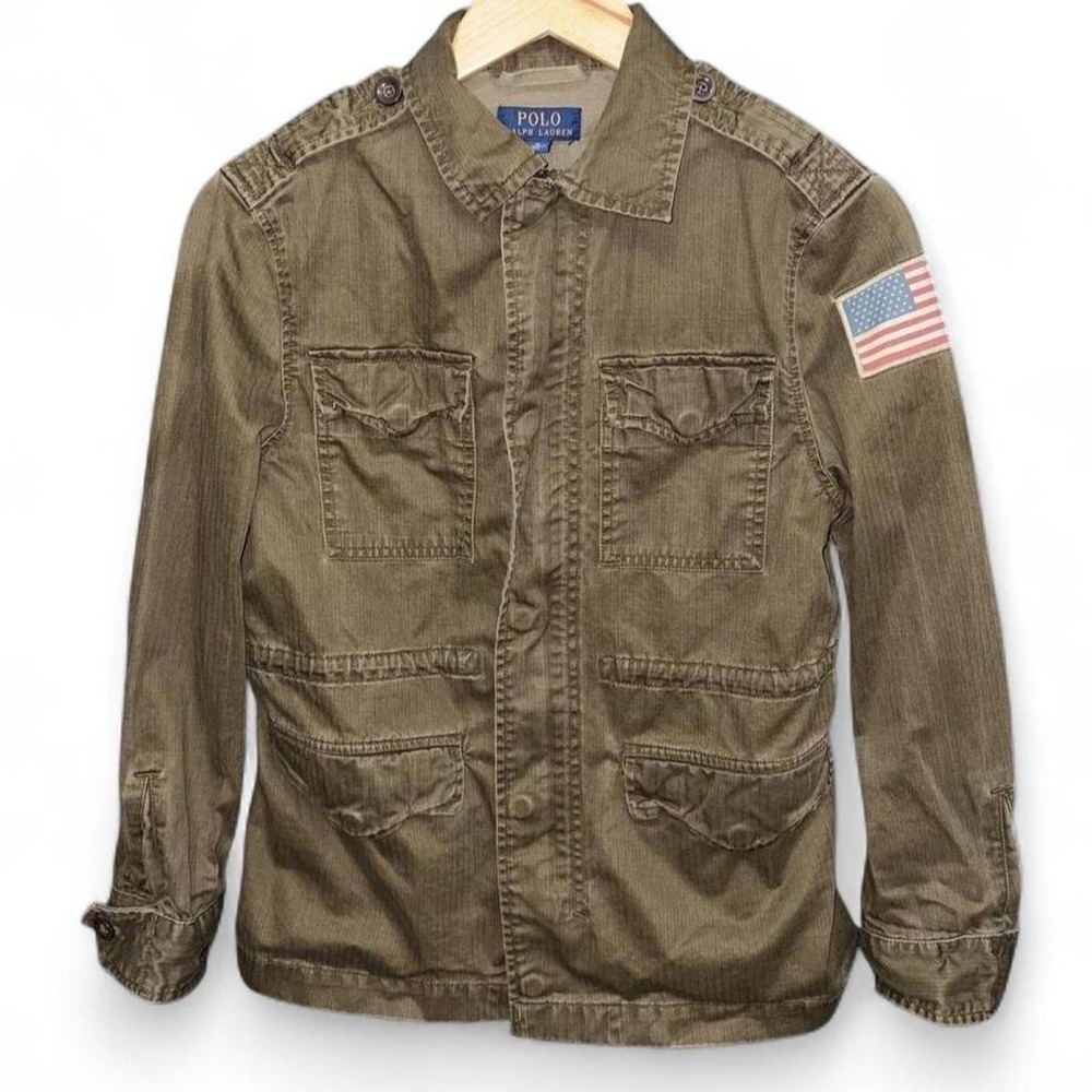Polo Ralph Lauren Jacket Green HBT Cotton Canvas Military Field USA Flag Patch